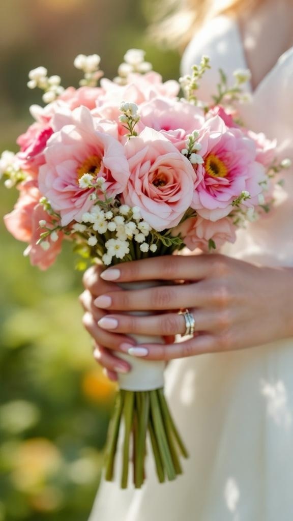 A bride holding a bouquet of pink roses and white flowers with pastel nails