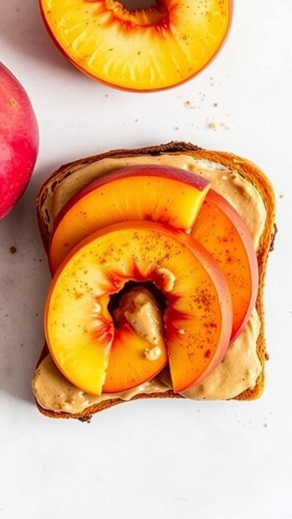 A slice of toast topped with almond butter and fresh peach slices.