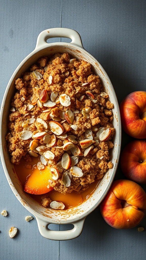 A delicious peach and almond crumble dessert in a baking dish, with fresh peaches beside it.