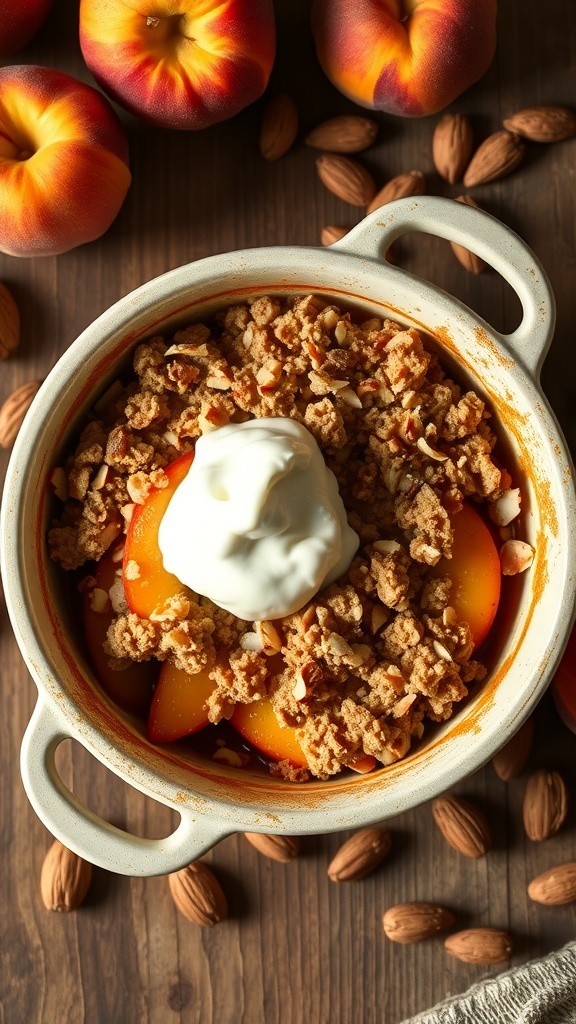 A peach and almond crumble with oats topped with yogurt, surrounded by fresh peaches and almonds.