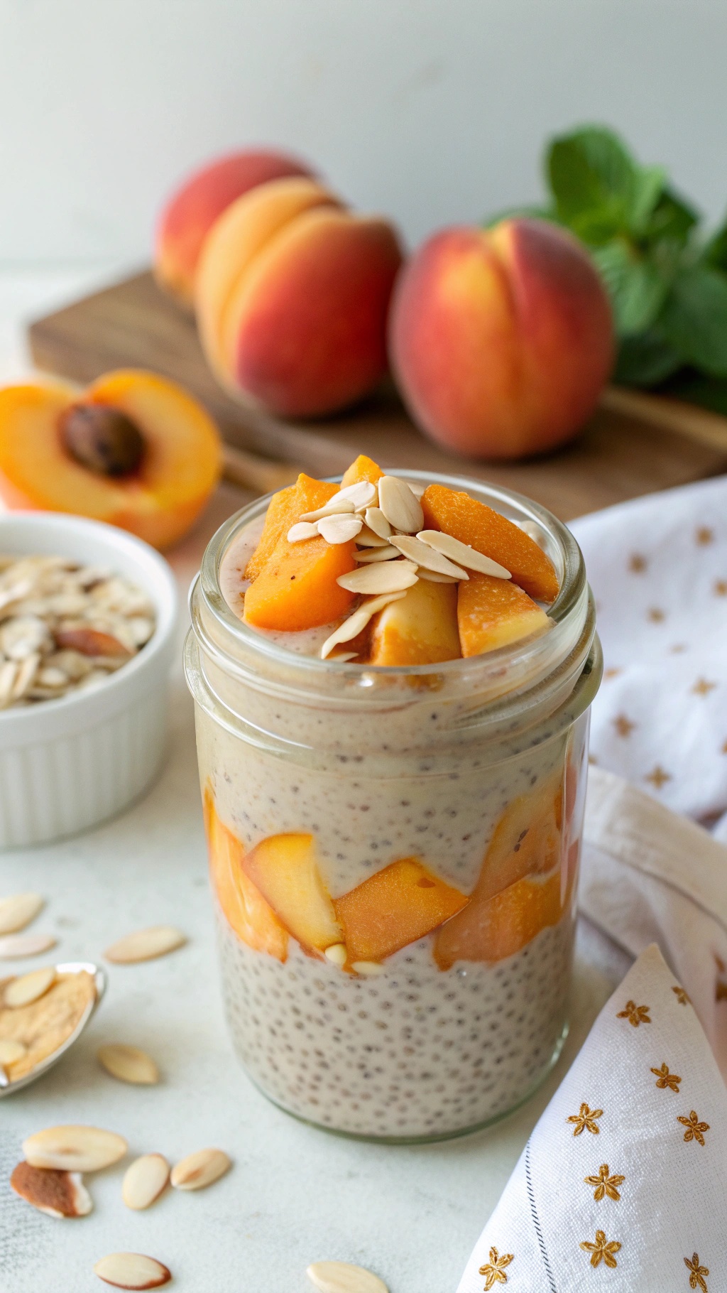 A jar of peach and almond chia pudding topped with sliced peaches and almonds, with fresh peaches in the background.