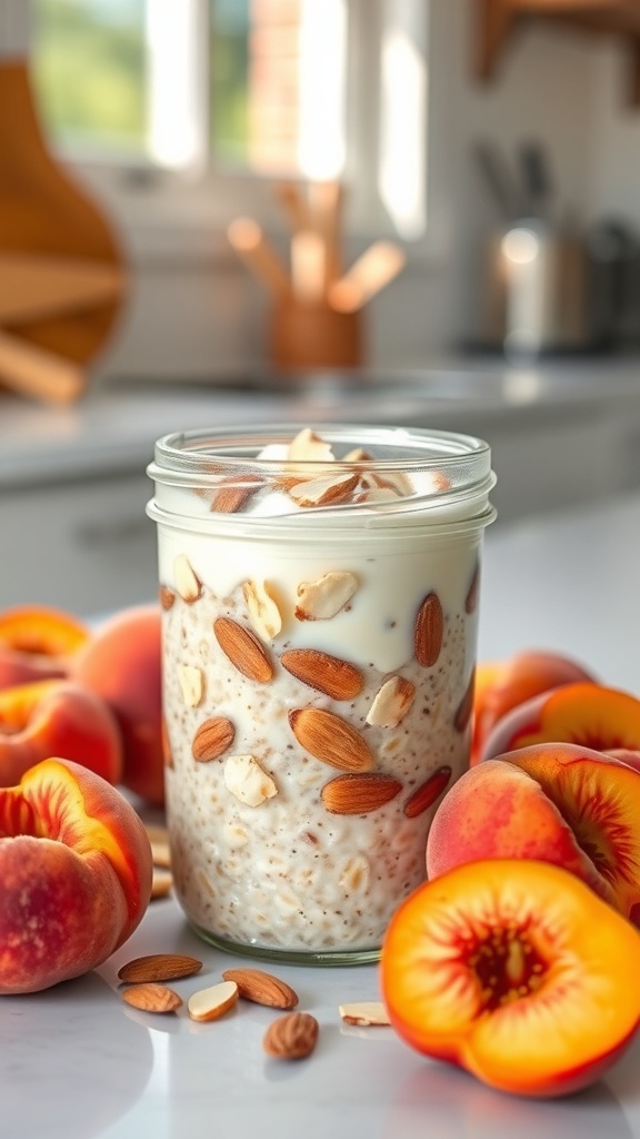 A jar of peach and almond overnight oats surrounded by fresh peaches and almonds.