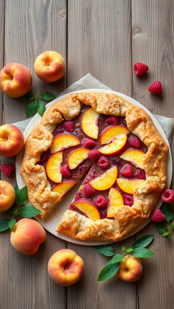 A rustic peach and raspberry galette on a wooden table, surrounded by fresh peaches and raspberries.
