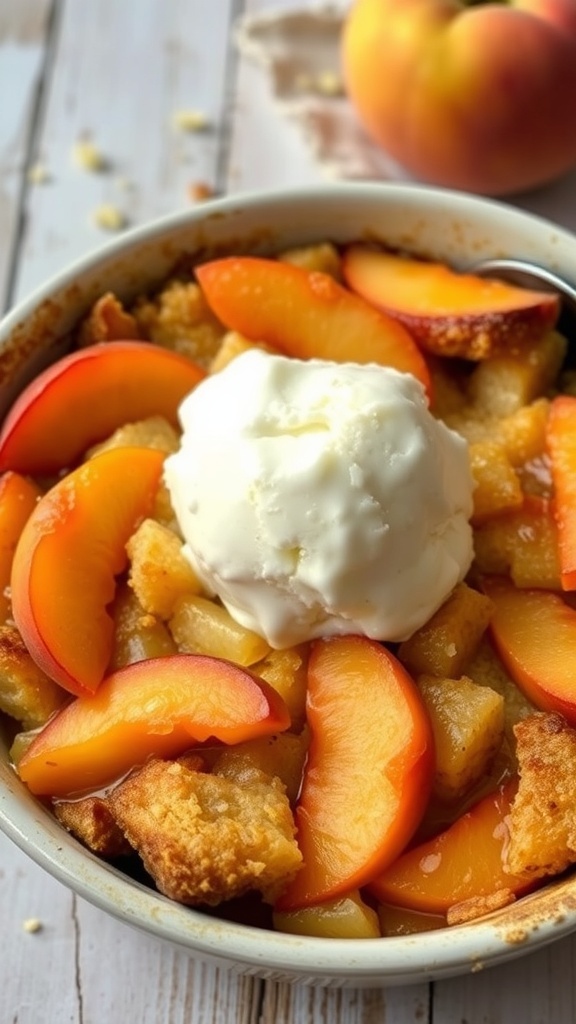 A bowl of peach cobbler high-protein bread pudding topped with ice cream and fresh peach slices.