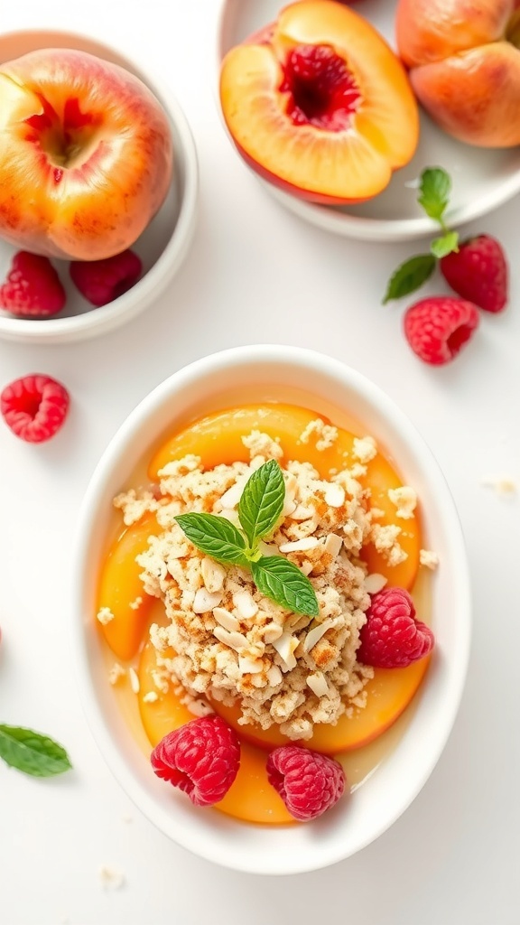 A delicious Peach Melba dessert with almond crumble, garnished with fresh mint and raspberries.