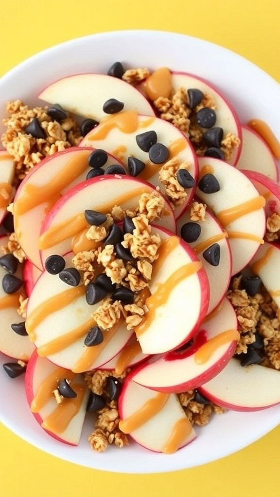 A bowl of apple slices topped with peanut butter, granola, and chocolate chips.