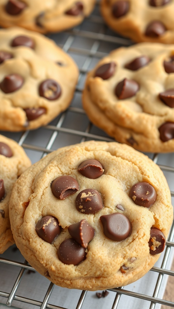 Peanut butter chocolate chip cookies on a cooling rack with a jar of peanut butter in the background
