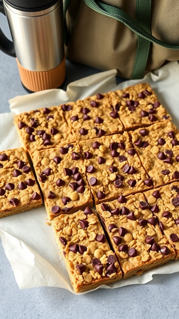Peanut butter and chocolate chip granola bars cut into squares, placed on parchment paper with a thermos and bag in the background.