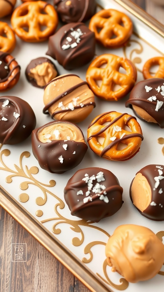 A platter of peanut butter and chocolate pretzel bites, showcasing a mix of sweet and salty treats.