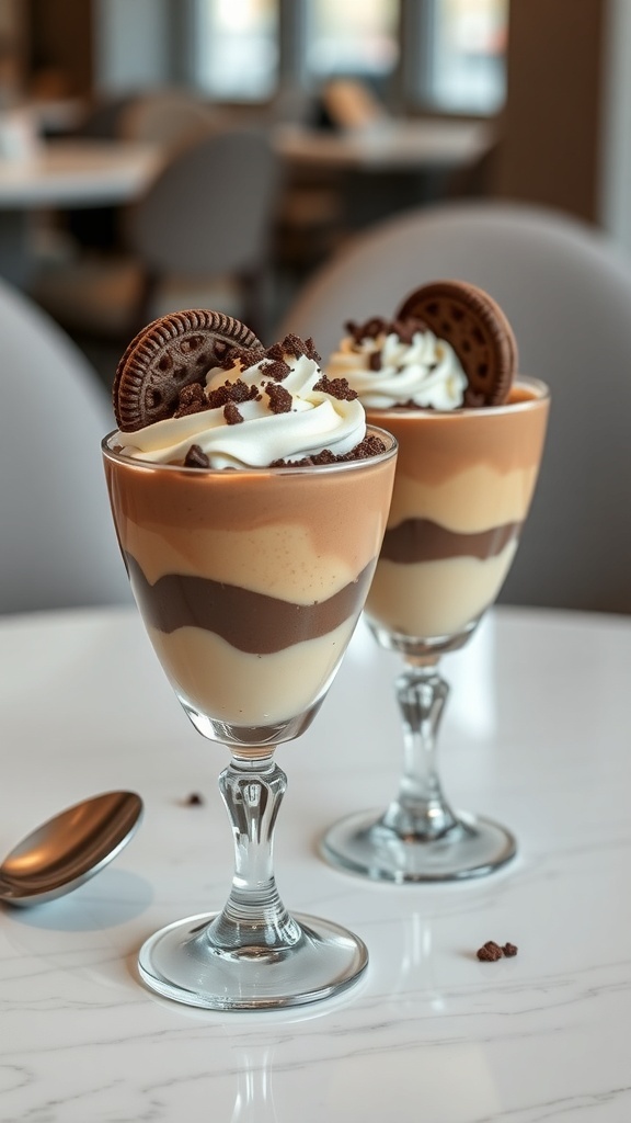 Peanut butter and chocolate pudding cups topped with whipped cream and cookies