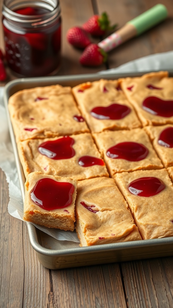 Peanut Butter and Jelly Bars in a baking tray with jelly on top
