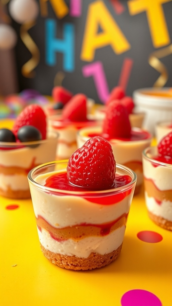 Colorful peanut butter and jelly cheesecake shots topped with fresh berries