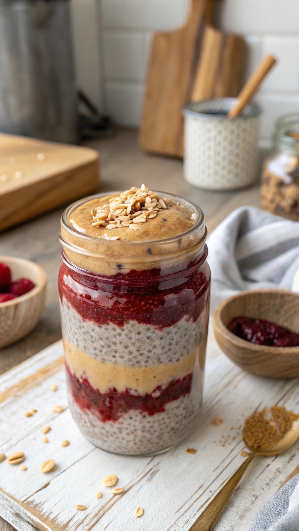 A jar of peanut butter and jelly chia pudding layered with chia seeds, jelly, and topped with peanut butter and oats.