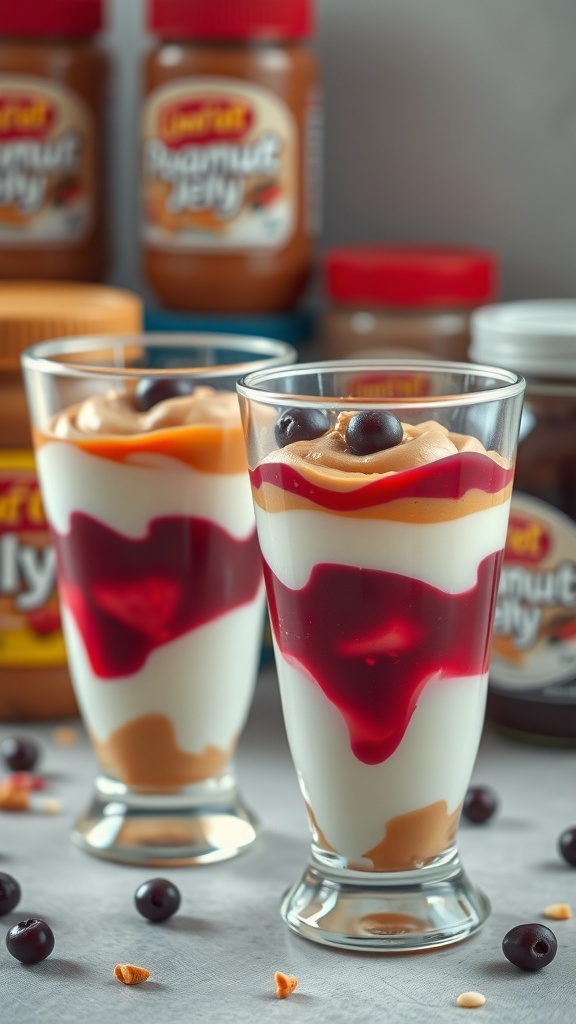 Peanut Butter and Jelly Yogurt Parfaits in clear glasses with jars of peanut butter and jelly in the background.