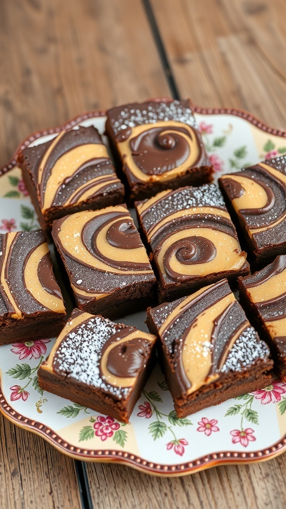 Peanut Butter and Nutella Swirl Brownies on a decorative plate