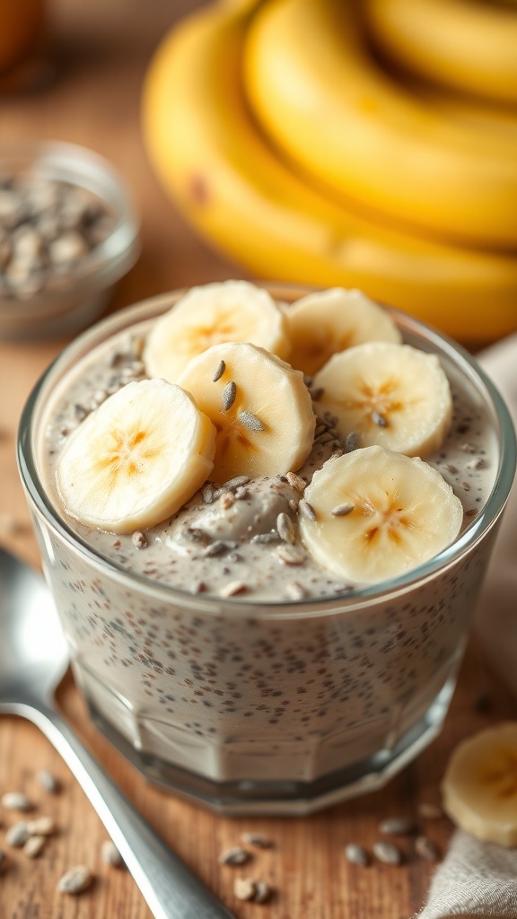 A glass of peanut butter banana chia seed pudding topped with banana slices and chia seeds, with bananas in the background.