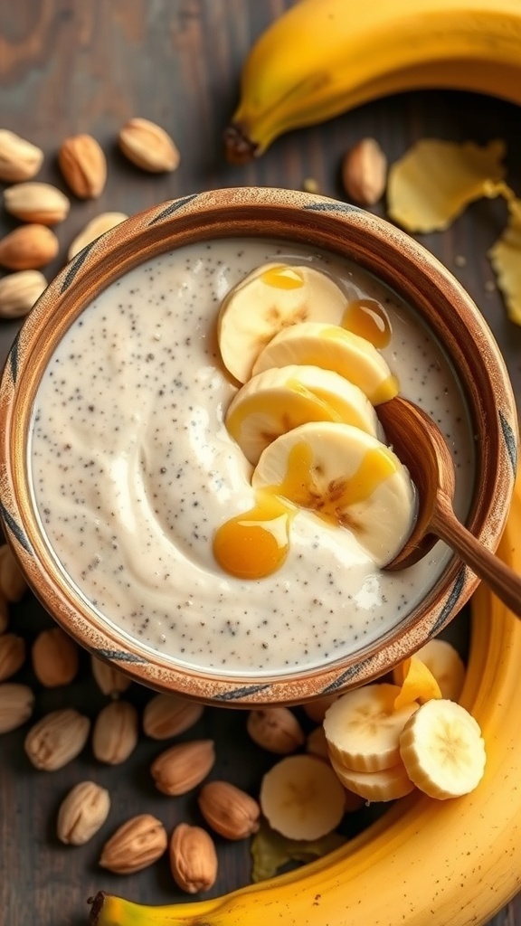A bowl of chia seed pudding topped with banana slices and surrounded by bananas and nuts.