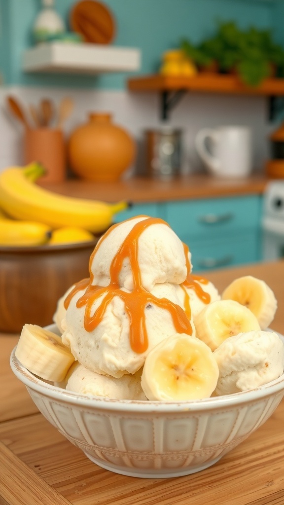 A bowl of peanut butter banana nice cream topped with caramel sauce and banana slices.