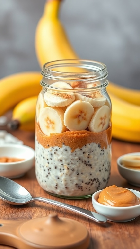 A jar of peanut butter banana overnight oats with banana slices on top, surrounded by fresh bananas.