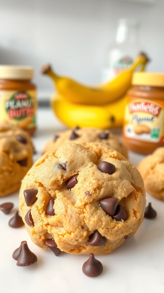 Peanut butter banana protein cookies with chocolate chips, jars of peanut butter, and bananas in the background.