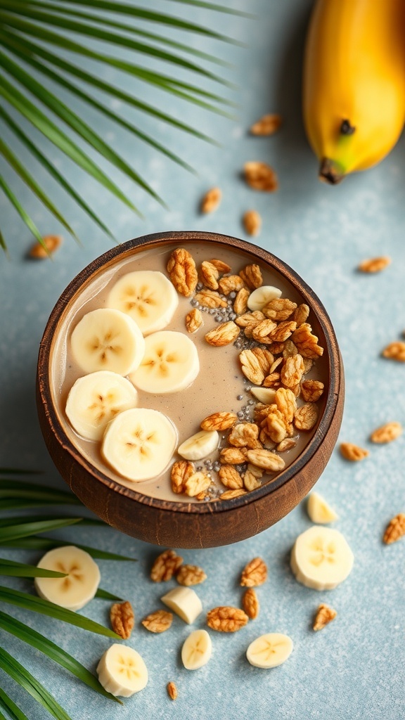 A peanut butter banana smoothie bowl topped with banana slices and granola, surrounded by fresh banana pieces.