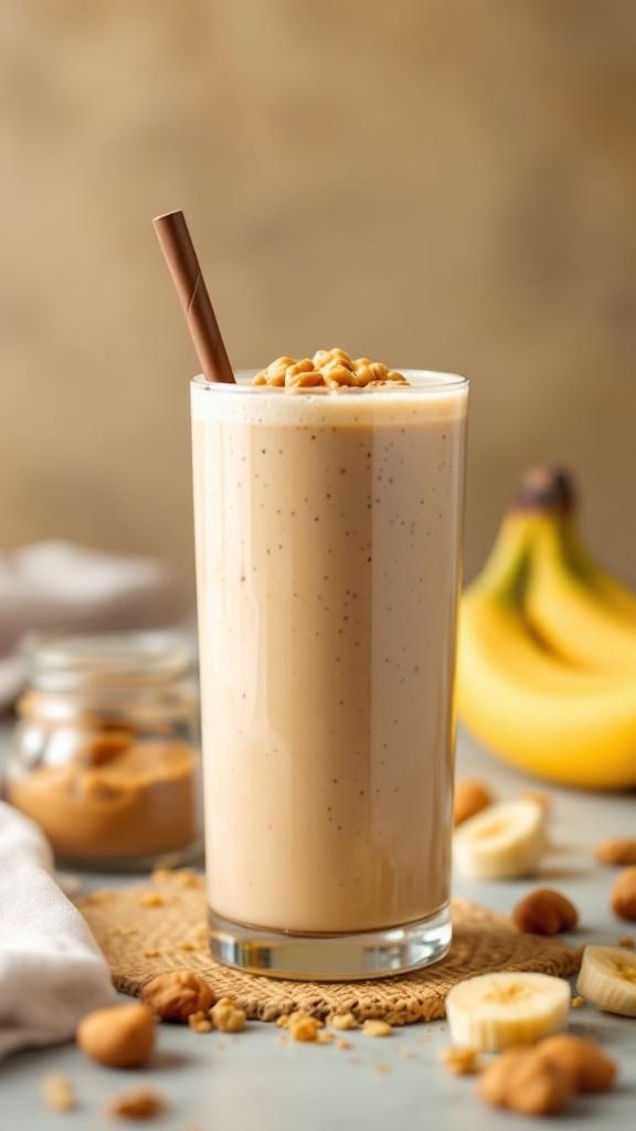 A tall glass of peanut butter banana smoothie topped with crushed peanuts, with bananas in the background.