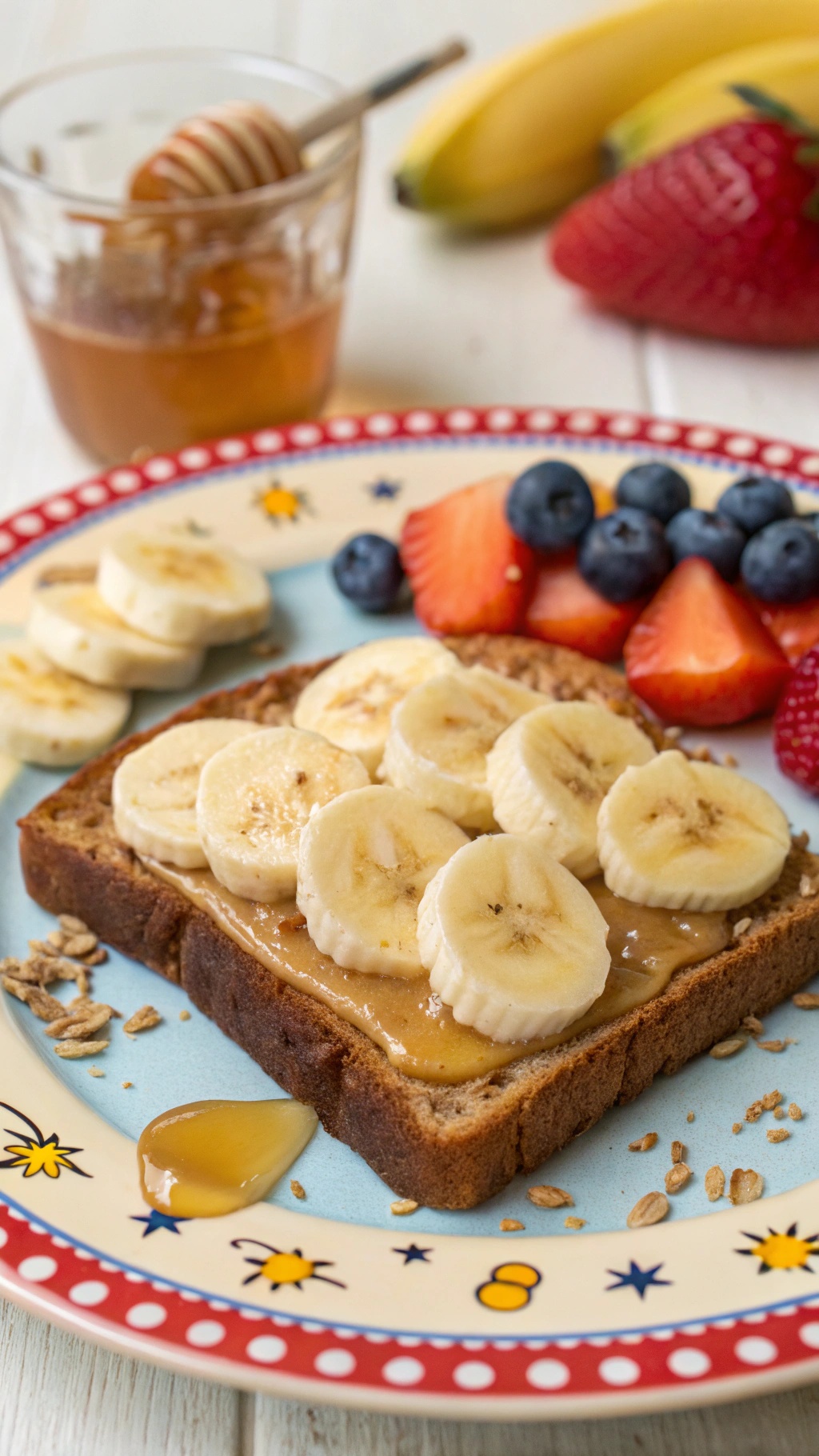 Peanut butter banana toast with honey and fresh berries on a plate