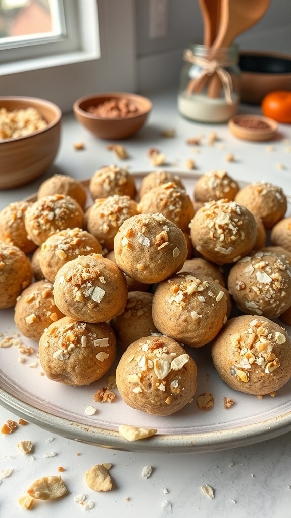 A plate of Peanut Butter Bliss Balls topped with oats, surrounded by ingredients like honey and chocolate chips.