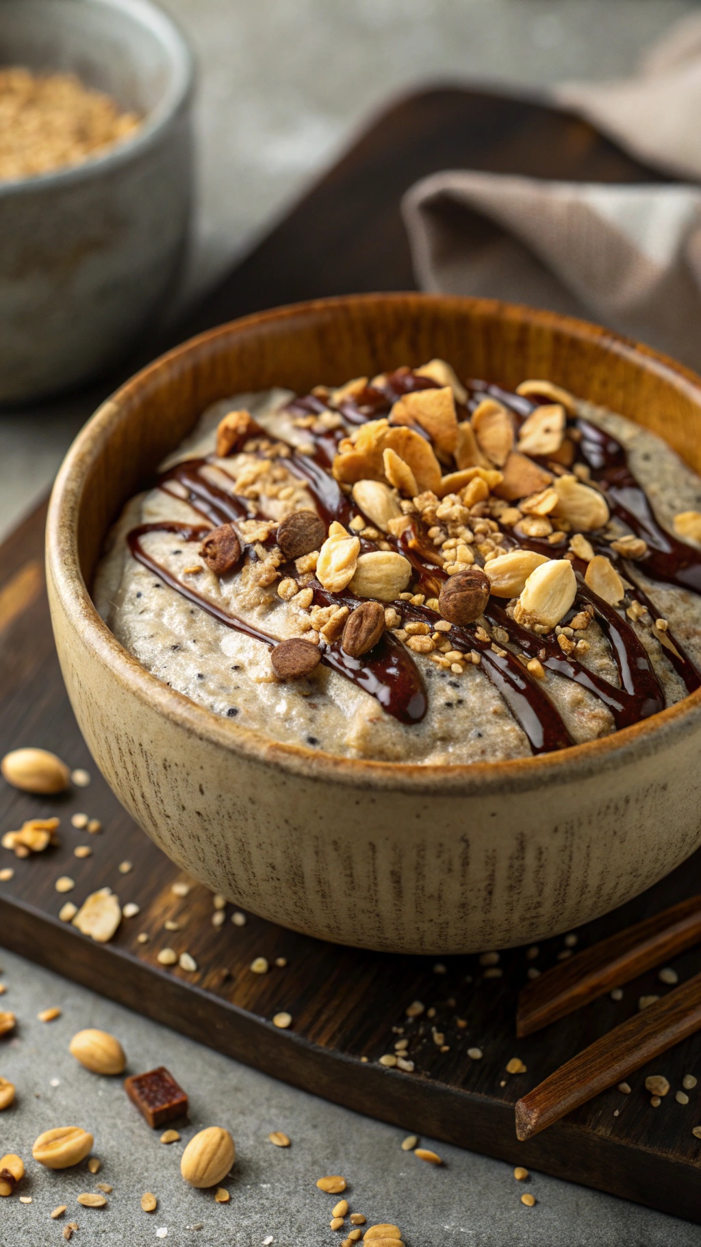 A bowl of creamy peanut butter chia pudding topped with granola, chocolate sauce, and peanuts.