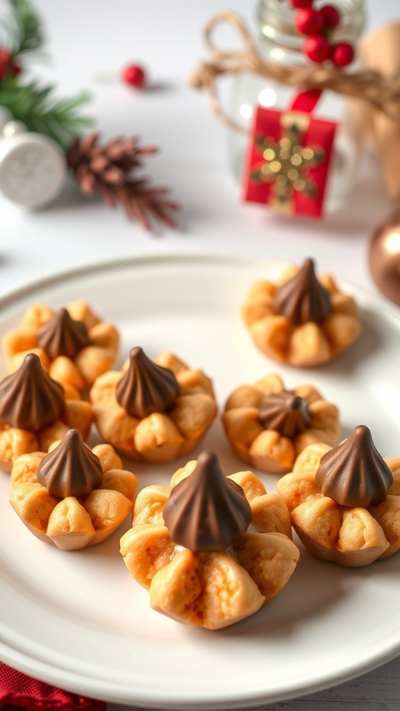 A plate of vegan peanut butter blossom cookies topped with chocolate kisses, surrounded by festive decorations.