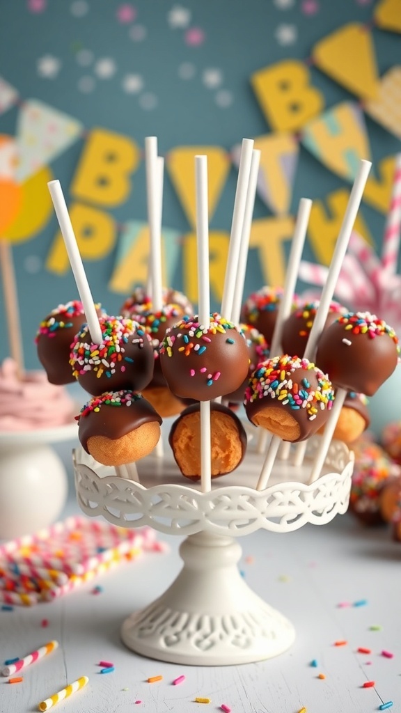 A display of peanut butter cake pops coated in chocolate and topped with colorful sprinkles.