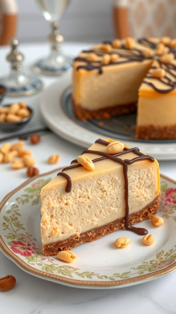 Peanut butter cheesecake bars with chocolate drizzle and peanuts on a decorative plate