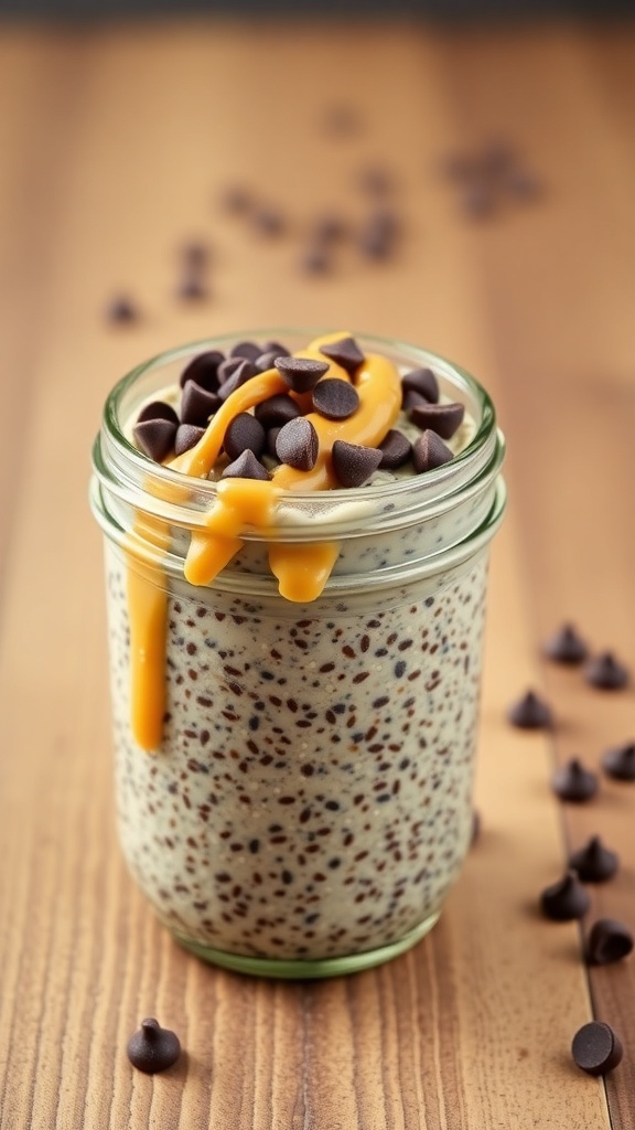A jar of peanut butter chocolate chip chia pudding topped with chocolate chips and peanut butter drizzle.