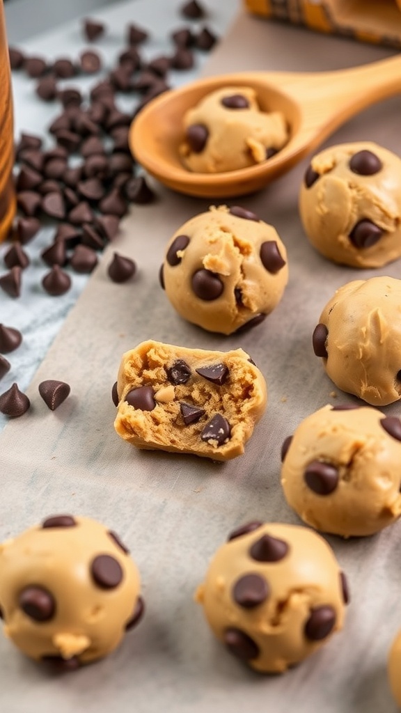 Peanut butter chocolate chip cookie dough bites on a surface with chocolate chips scattered around.