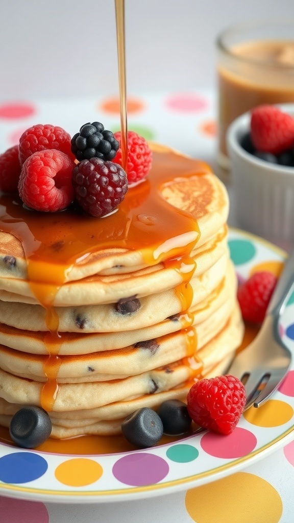 Stack of peanut butter chocolate chip pancakes topped with berries and syrup