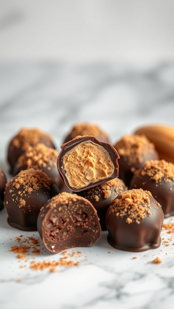 Peanut butter chocolate truffles with a bite taken out, showcasing the creamy filling.