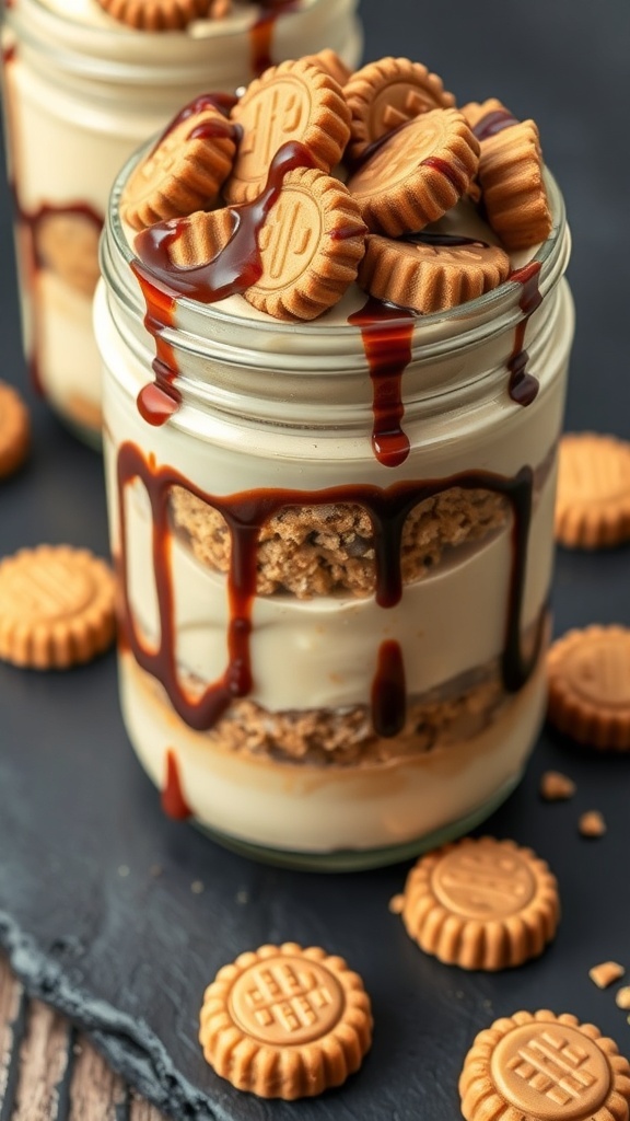 Peanut Butter Cup Cheesecake Jars with chocolate drizzle and mini peanut butter cups on top