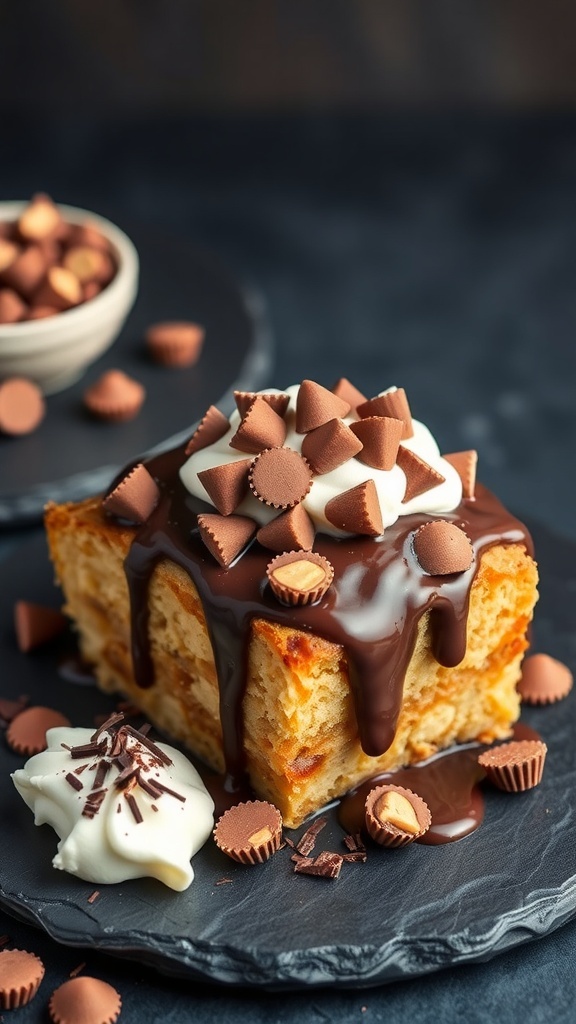 A slice of peanut butter cup protein bread pudding topped with chocolate sauce and mini peanut butter cups.