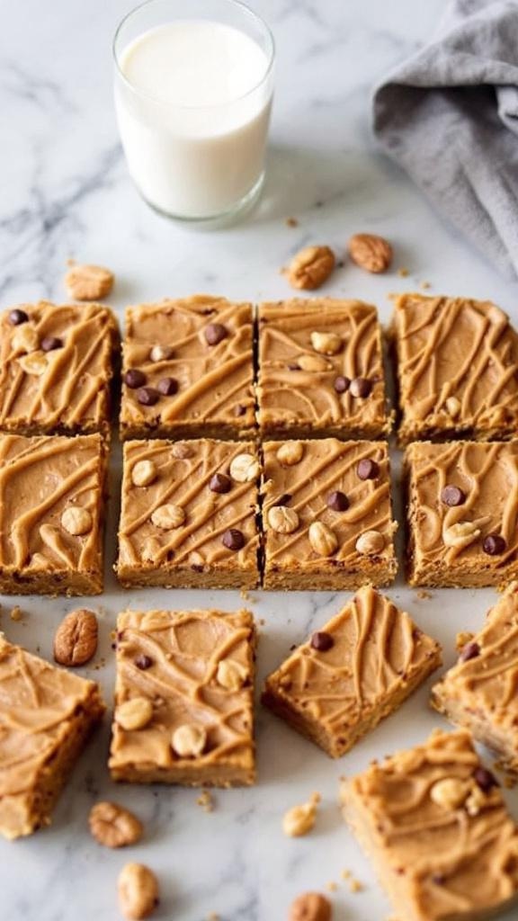 Peanut butter energy bars topped with nuts and chocolate chips, served with a glass of milk.