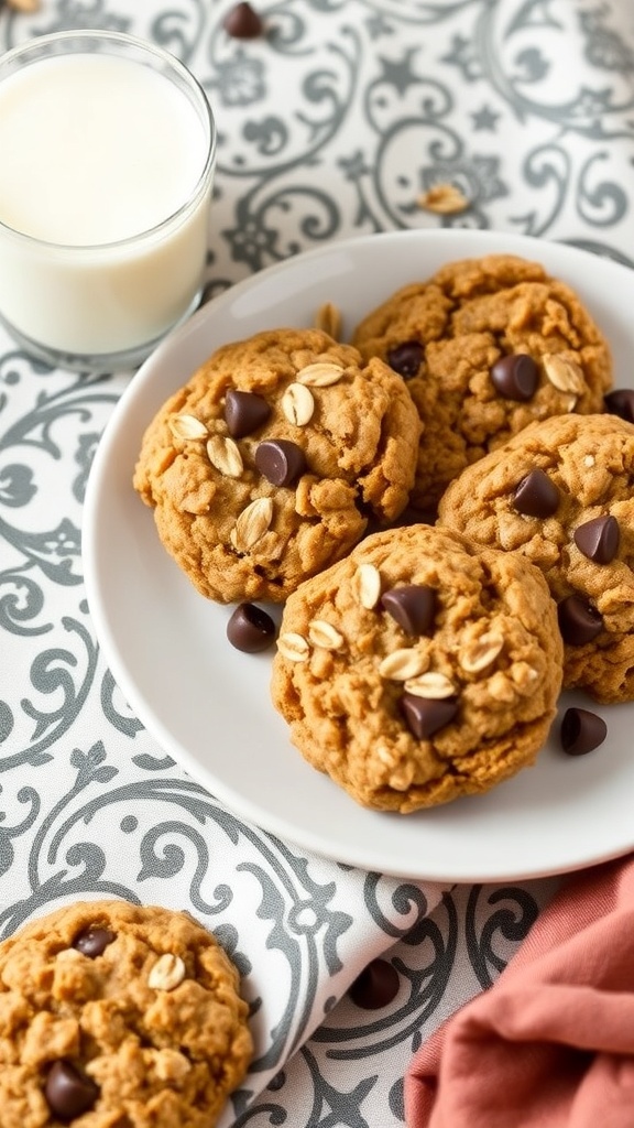 Peanut butter oatmeal cookies on a plate with chocolate chips and a glass of milk
