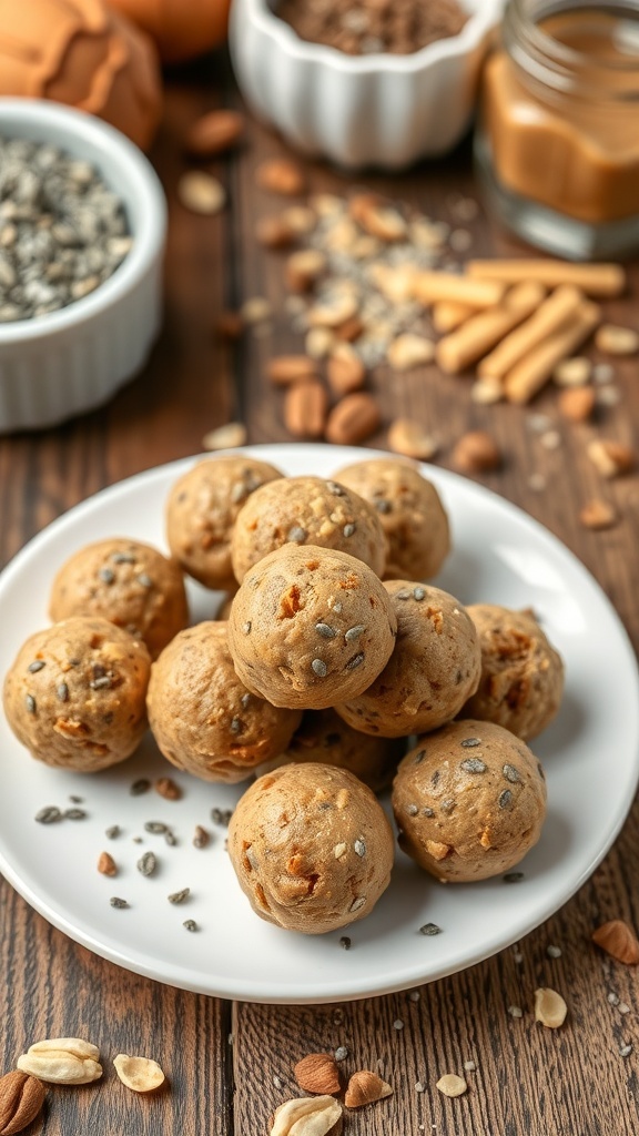 A plate of peanut butter protein balls surrounded by ingredients like seeds and nuts.