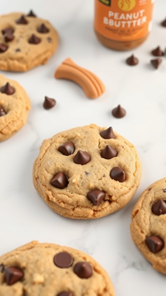 Peanut Butter Protein Chocolate Chip Cookies with chocolate chips and peanut butter jar