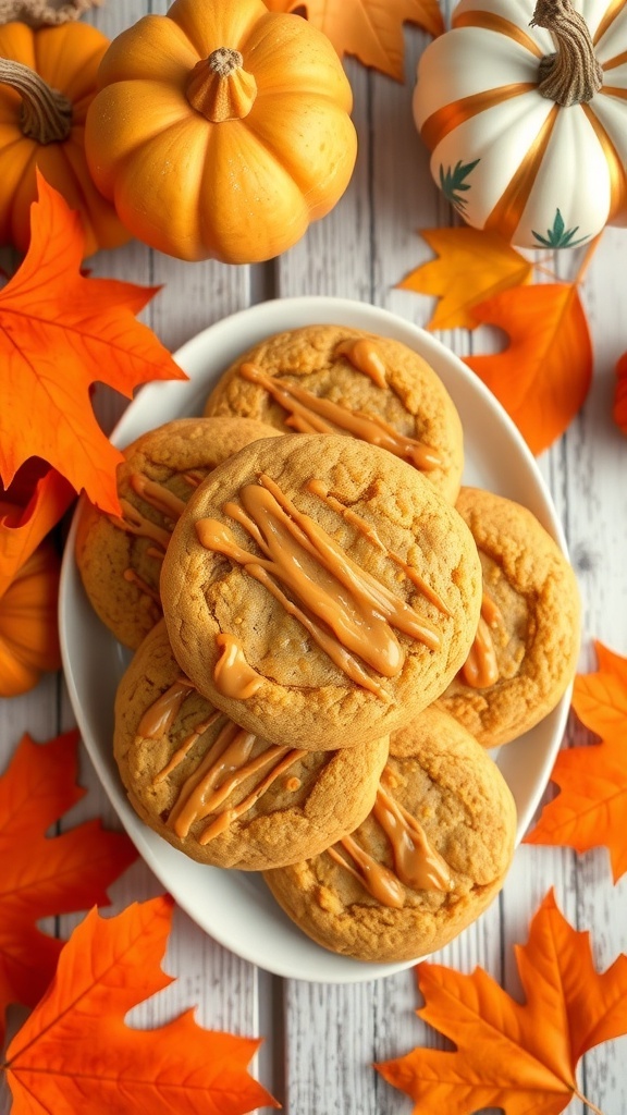 A plate of peanut butter pumpkin spice cookies drizzled with peanut butter, surrounded by autumn leaves and mini pumpkins.