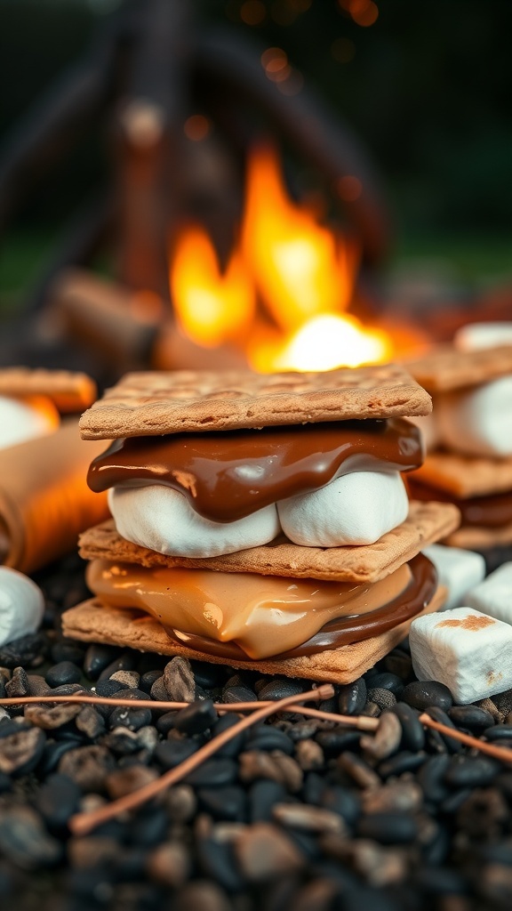 Peanut Butter S'Mores stacked with marshmallows and chocolate by a campfire