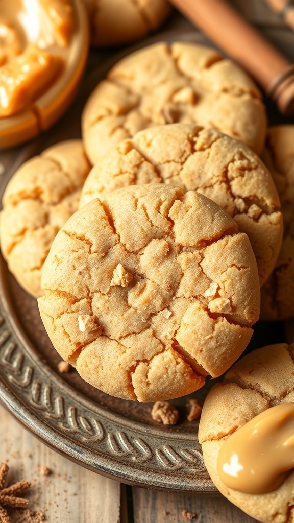 A plate of peanut butter snickerdoodle cookies with a creamy peanut butter dip.