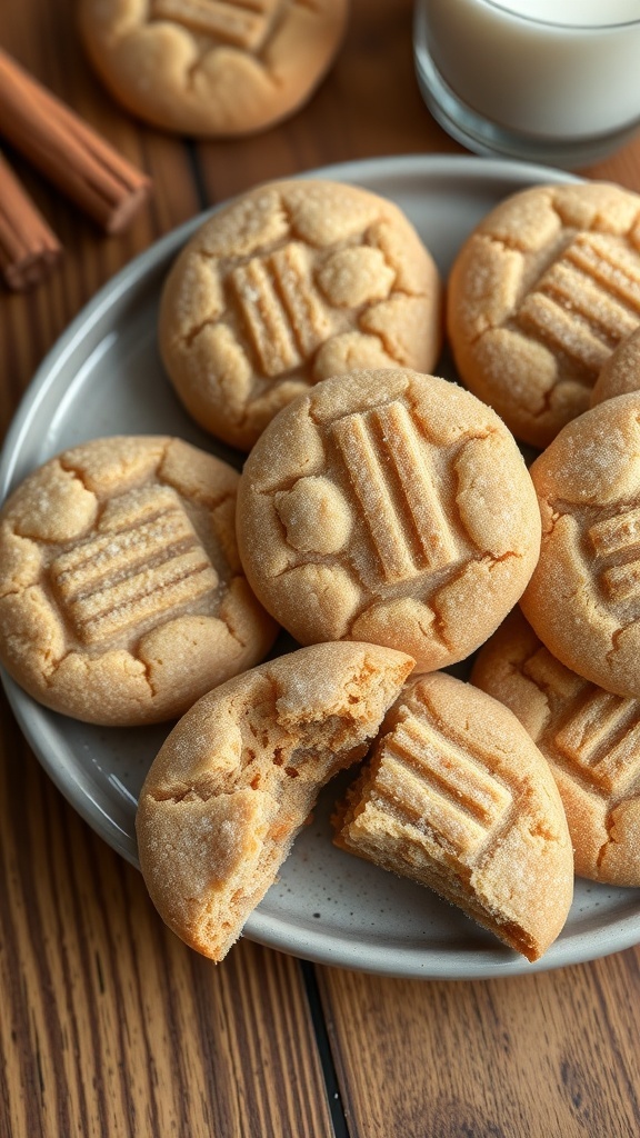 A plate of peanut butter snickerdoodles with a glass of milk