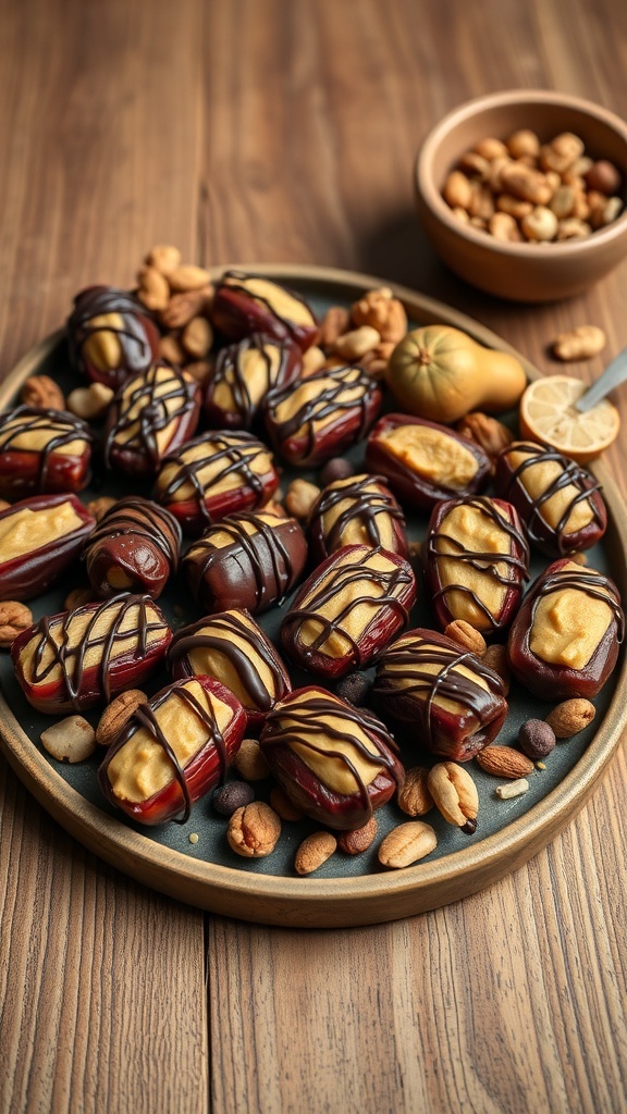 A platter of peanut butter stuffed dates drizzled with chocolate, surrounded by mixed nuts.