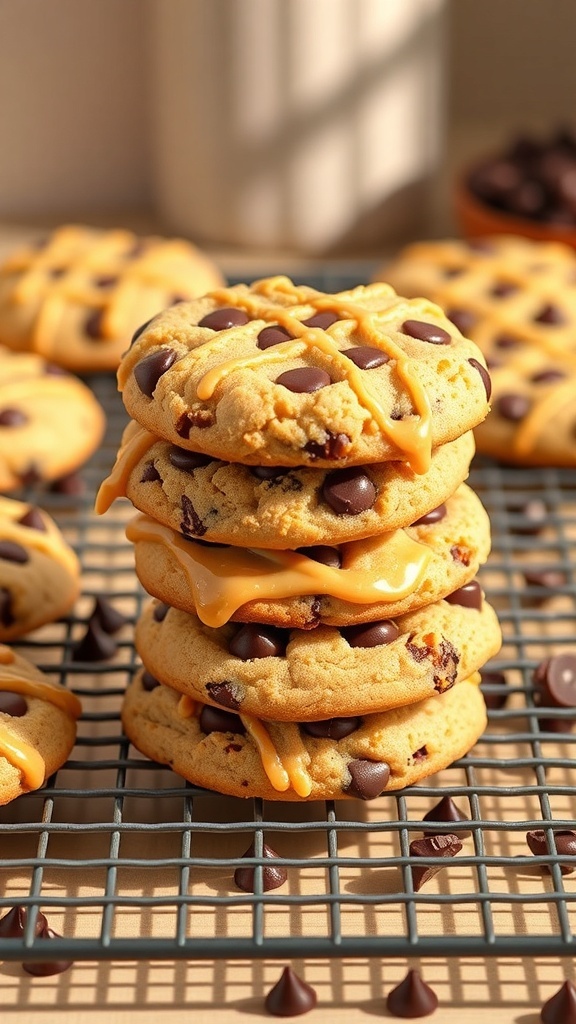 Peanut butter vegan chocolate chip cookies stacked on a cooling rack, drizzled with peanut butter and surrounded by chocolate chips.