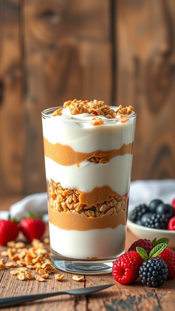 A delicious peanut butter yogurt parfait layered with yogurt, peanut butter, and granola, topped with fresh berries.