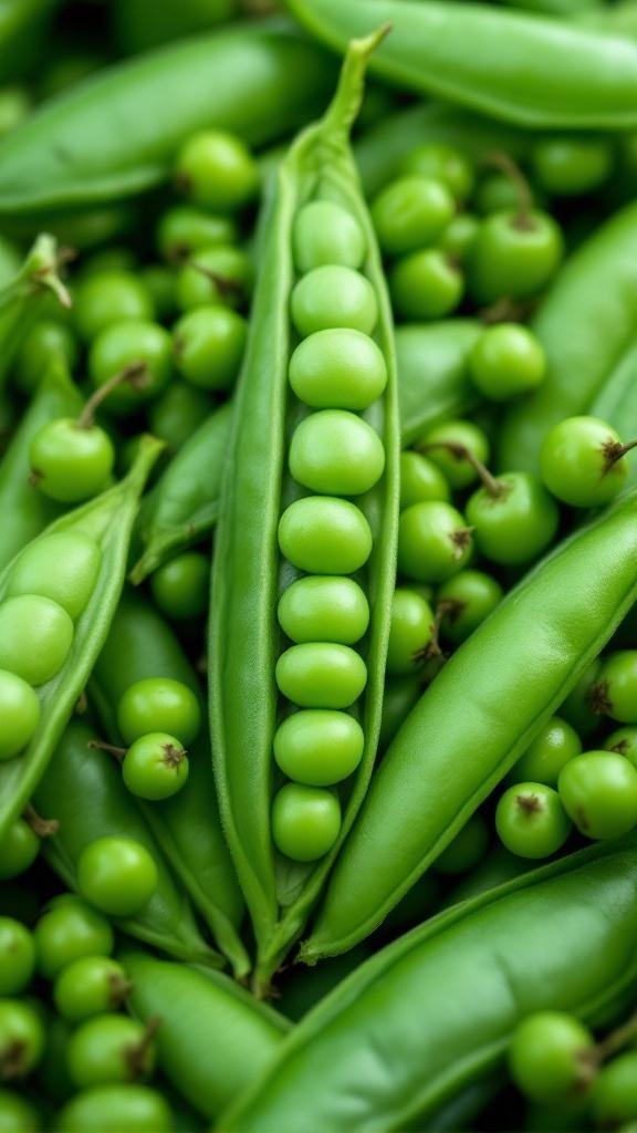 Fresh green peas in their pods, showcasing their vibrant color and freshness.